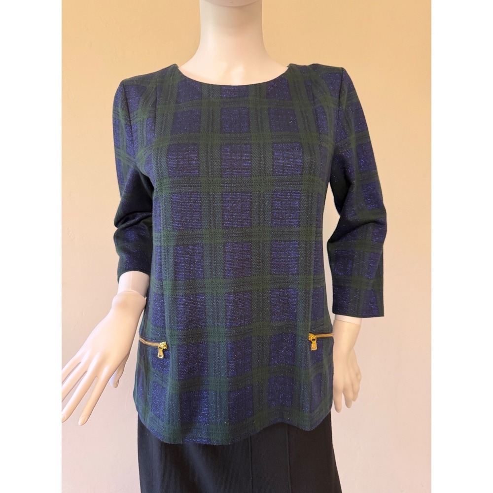 Talbots Petite Metallic Plaid Top Navy Green Gold Zip Pockets Blouse Size MP